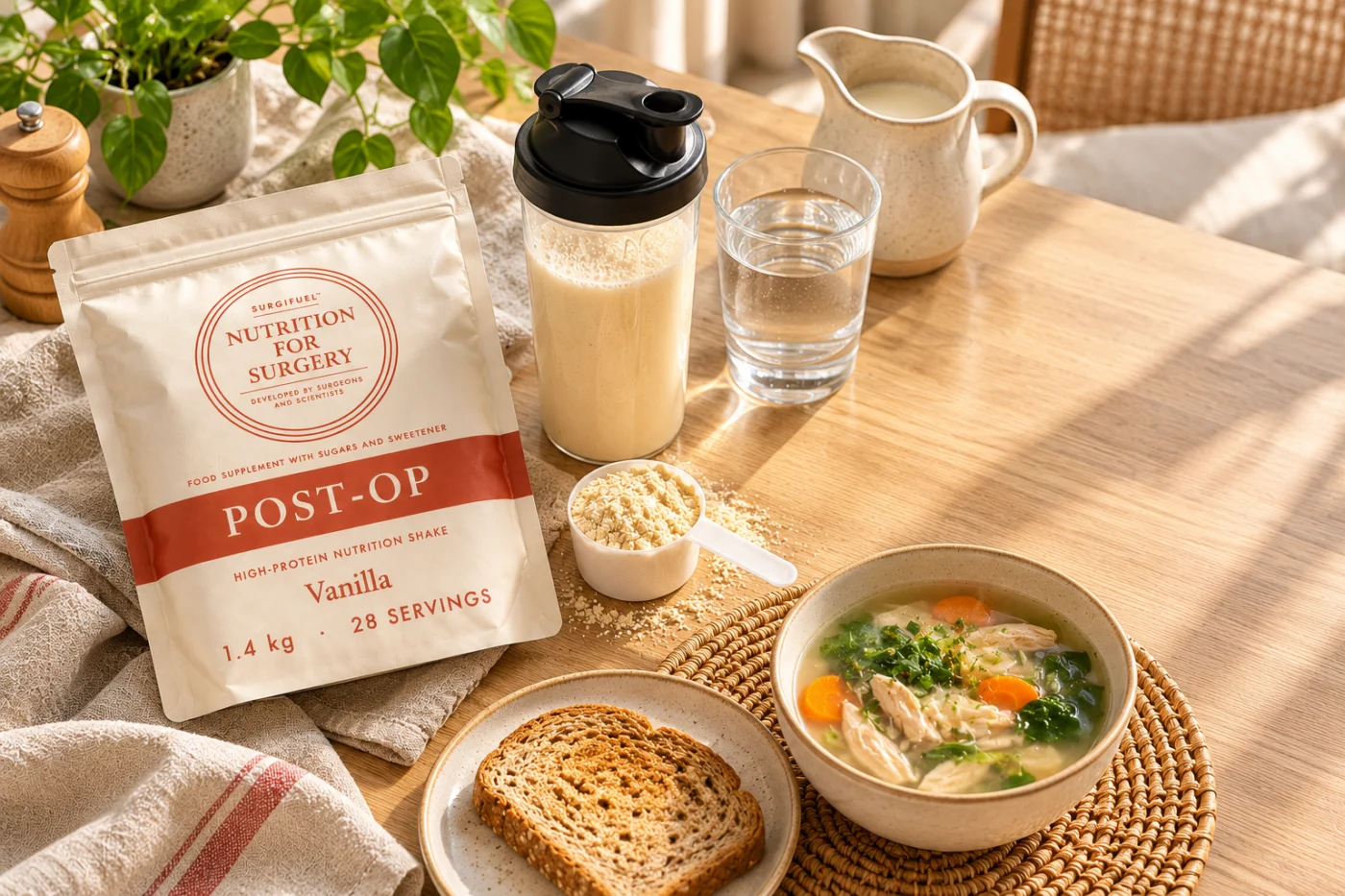 SurgiFuel Post-Op pouch on a kitchen table with a shaker, scoop and light meal