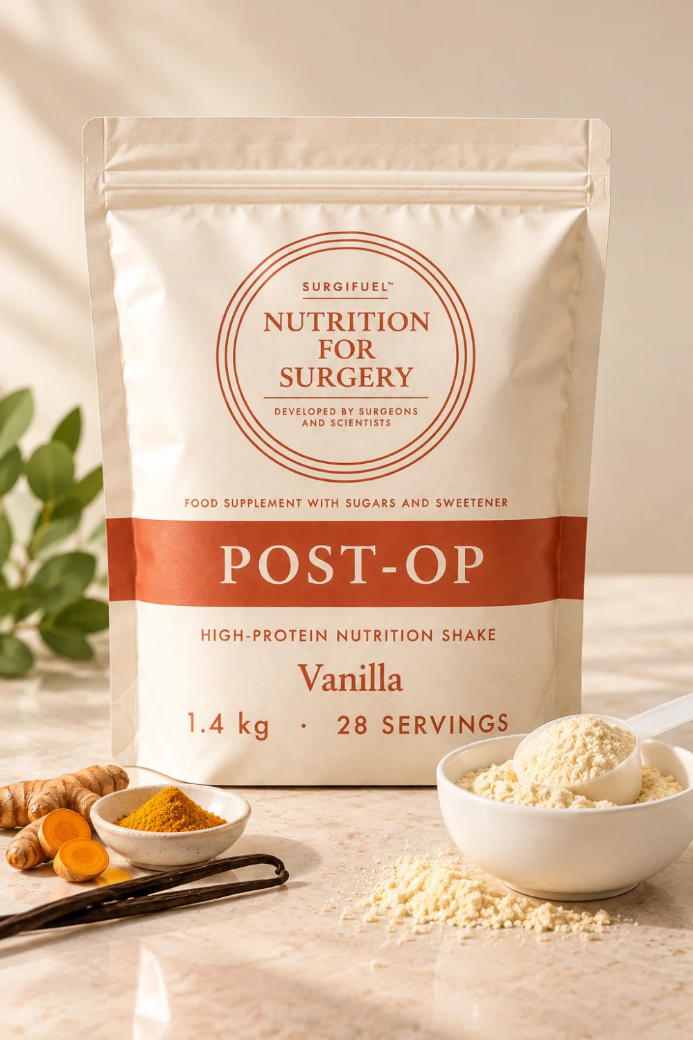 SurgiFuel Post-Op vanilla nutrition shake pouch with a bowl of powder