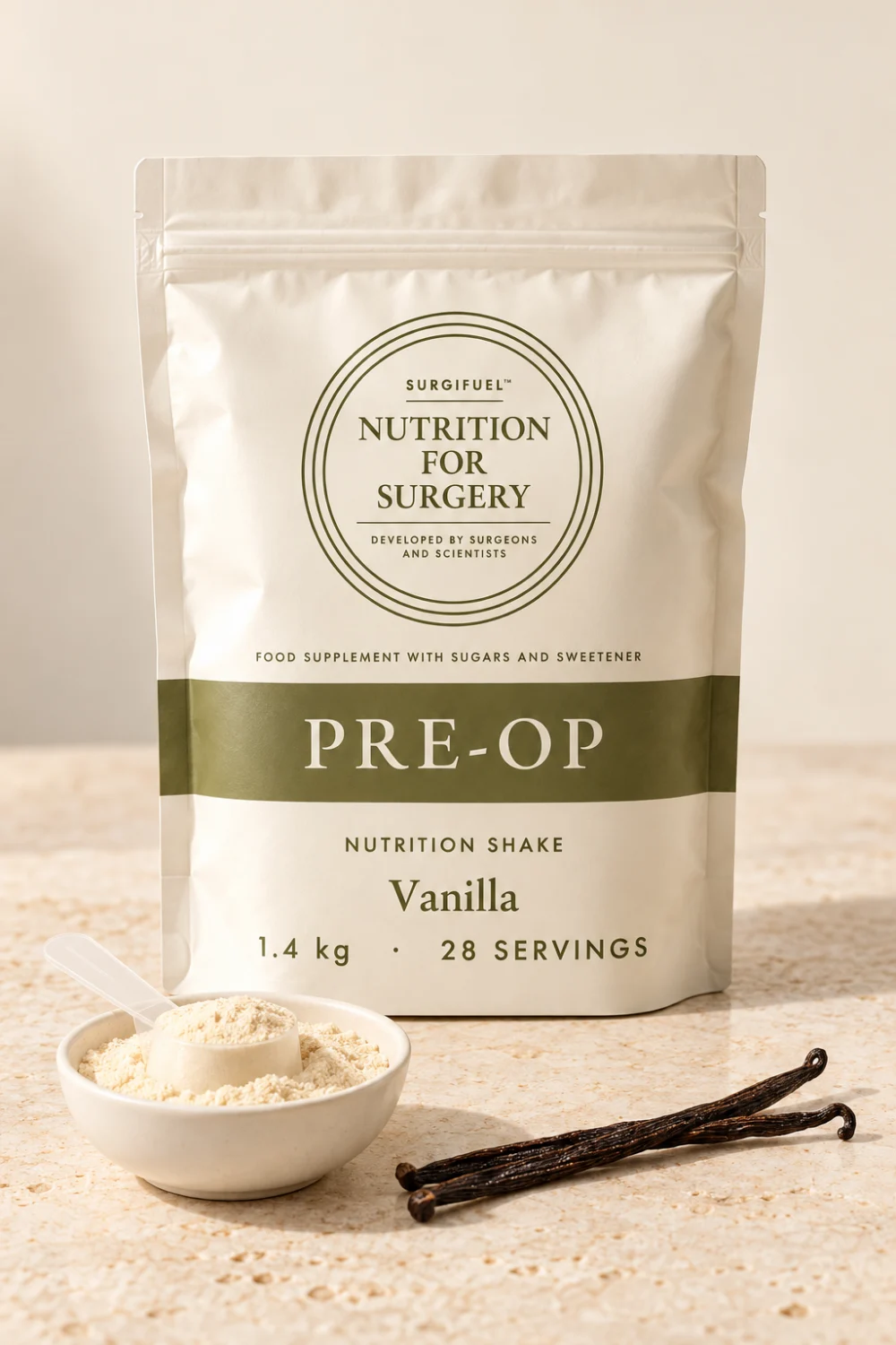 SurgiFuel Pre-Op vanilla nutrition shake pouch with a bowl of powder