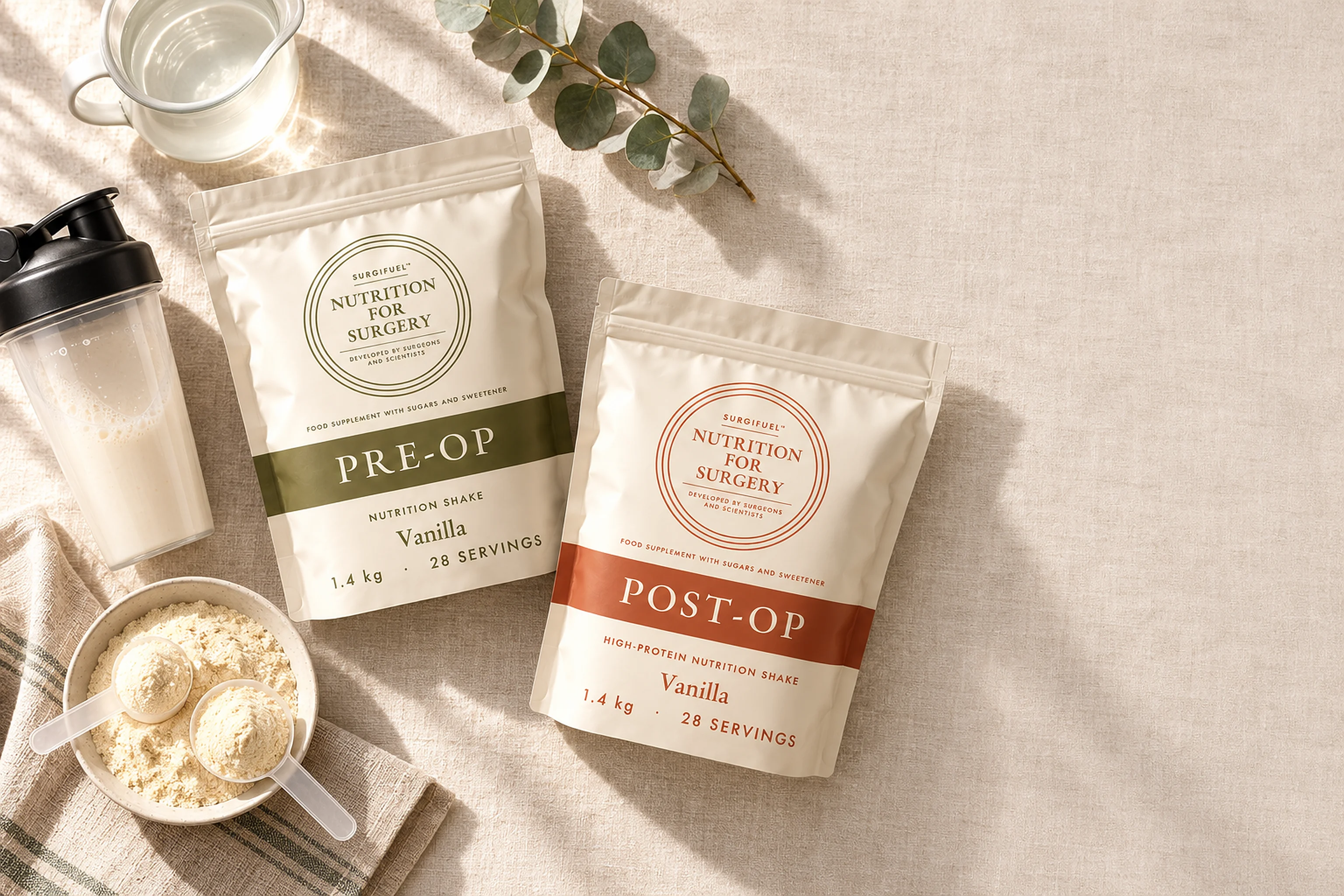 Flat lay of SurgiFuel Pre-Op and Post-Op pouches with a scoop of powder, shaker bottle and glass