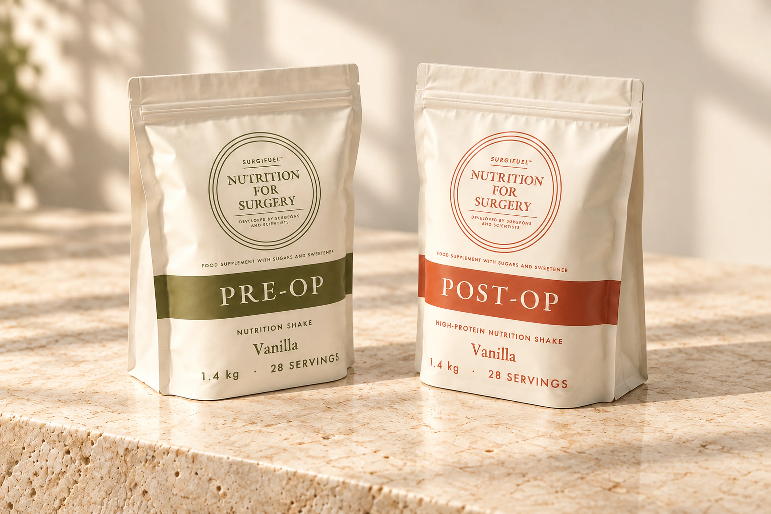 SurgiFuel Pre-Op and Post-Op nutrition shake pouches side by side