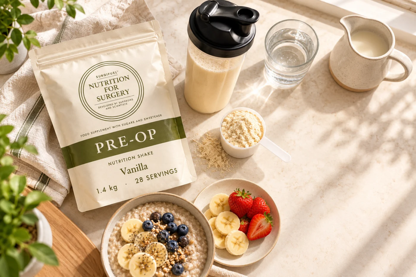 Breakfast flat lay with the SurgiFuel Pre-Op pouch, shaker, scoop and porridge
