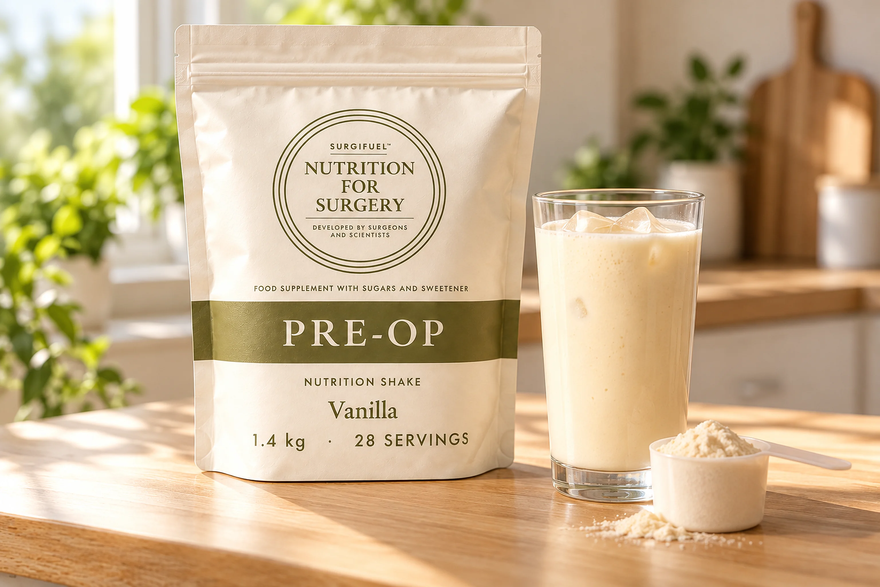 SurgiFuel Pre-Op vanilla nutrition shake pouch with a glass of shake and a scoop of powder